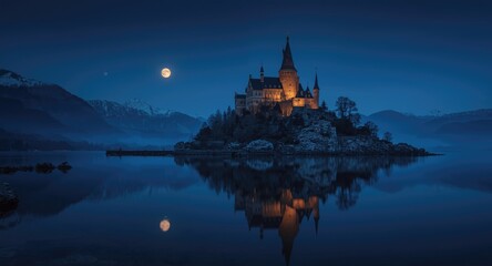 Fototapeta premium Mystical fortress reflecting on serene water under a full moon