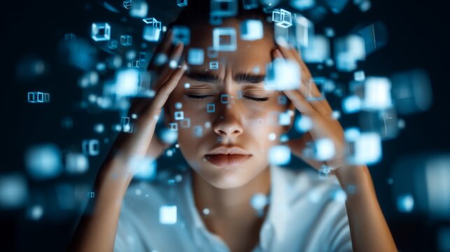 State of mind, Calmness and awareness. Individual in front of abstract floating data cubes, expressing emotion with eyes closed, representing information overload and digital stress in modern life