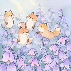 Naklejka premium Cute Fox Bluebell Flower Watercolor Art Illustration