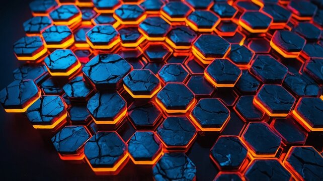 Cracked hexagonal tiles glowing with orange light cracked texture blue