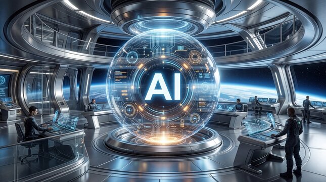 A glowing artificial intelligence sphere in a futuristic control room with people operating holographic display