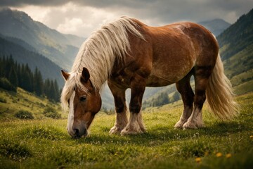 Obraz premium Breton Horse Grazing in Lush Mountain Pasture Under Cloudy Sky
