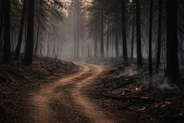 Obraz premium A desolate dirt path curves through a charred woodland showing burnt trees and ash ground