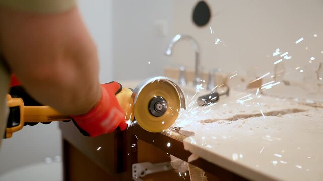 Construction worker using an angle grinder to cut a bathroom countertop during renovation. Sparks flying as power tool slices. demolition and remodeling process.