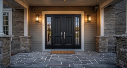 Fototapeta premium Vertical view of porch with stone tile flooring black entrance door flanked by two panels and stone siding