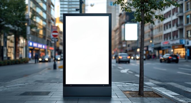 Vacant commercial signboard on city sidewalk hoarding display
