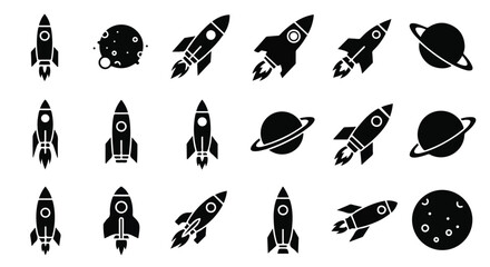Collection of various rocket and planet silhouettes for space exploration designs. © Idaryati
