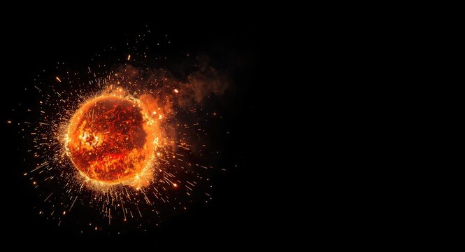 Glowing orange bomb blast with sparks flying and smoke plumes isolated on black