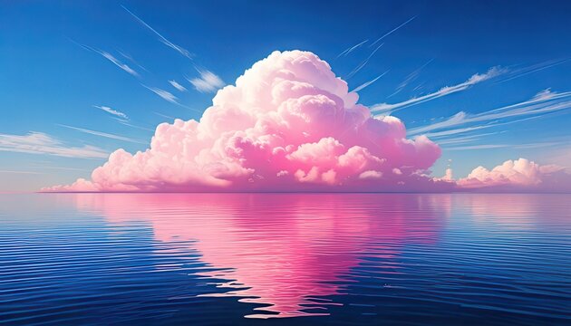 Eine majest&auml;tische rosa Wolke spiegelt sich perfekt im ruhigen blauen Wasser unter einem weiten Himmel wider.