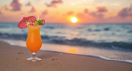 Obraz premium Summer vacation drink with floral toppings and flamingo parasol against ocean sunset