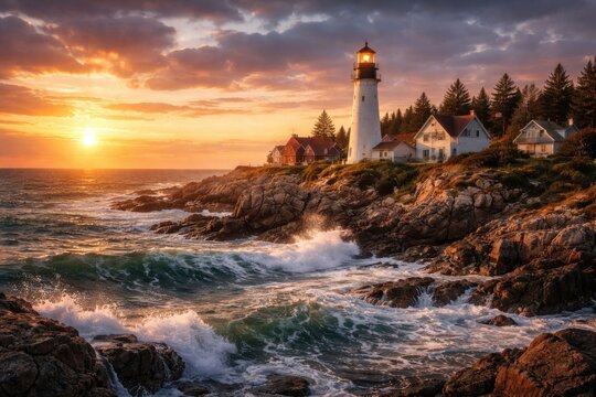 Stunning coastal landscape with lighthouse and homes at sunset over rough shoreline