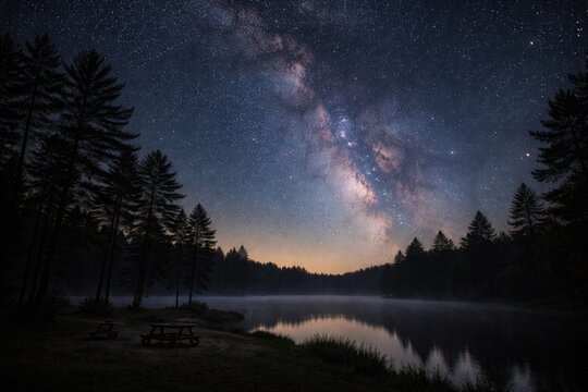 Starry night sky over a peaceful state park with silhouetted trees