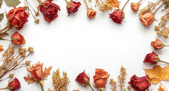 Flat lay view of anime style dried rose autumn arrangement on white with room for text