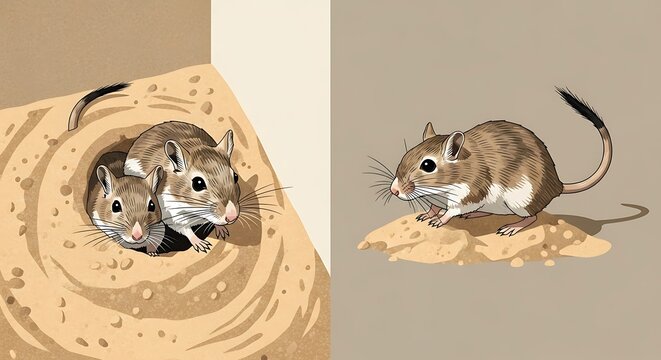 Two adorable gerbils peek out from their sandy burrow in one panel, while the other shows a single gerbil standing alert on a mound in a detailed, warm-toned vector style.