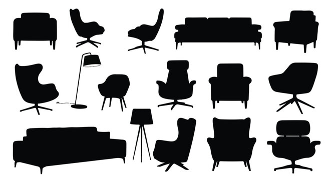 Collection of various modern and classic furniture silhouettes for interior design.
