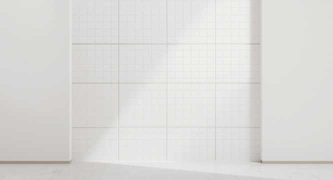 Uniform white rectangular tile wall highlighted by stylish grey grid lines and parallel patterns