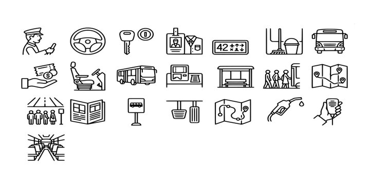 line icon collection of bus public transportation services featuring transit vehicles, driver controls, ticketing, route maps, and passenger commuting elements.