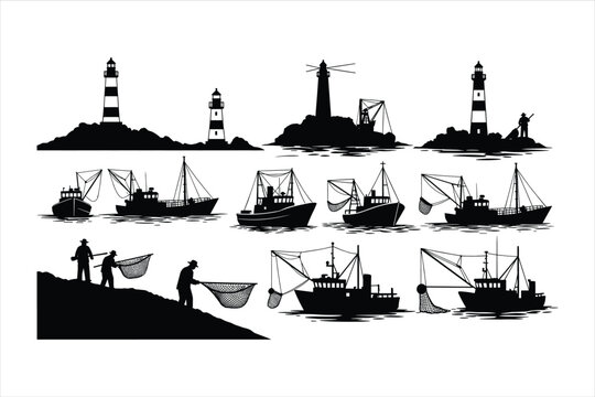 Fisherman silhouette set with lighthouse, fishing boats, trawlers, and workers using nets for nautical, maritime, ocean, sea industry, and coastal vector design projects