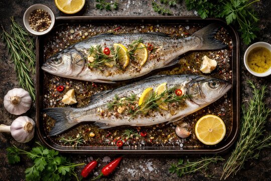 Whole Sea Bass Seasoned with Herbs and Spices on Baking Tray
