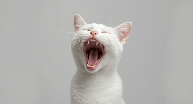 White feline revealing wide open mouth during joyful moment
