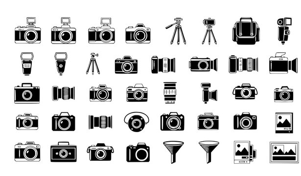 A collection of black and white camera icons and photography equipment illustrations