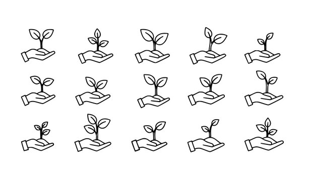 A set of black and white line art illustrations of hands holding growing plants