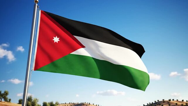 A national flag with horizontal stripes of black, white and green and a red triangle with a white star on the hoist side, waving against a clear blue