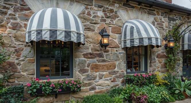 Stylish gray and white striped canopy window awnings on a rustic stone wall with decorative lighting and lively greenery