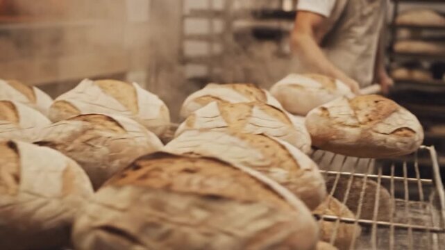 Freshly baked artisan bread loaves are carefully removed from a hot oven by a baker using a wooden peel, showcasing a traditional baking process