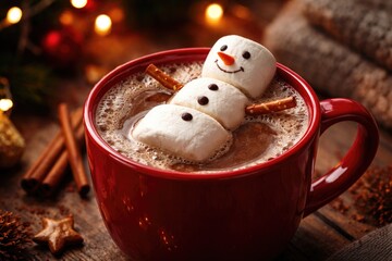 Naklejka premium A cozy red cup filled with hot chocolate and a marshmallow snowman floating on top