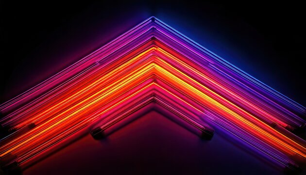 Leuchtende Pfeilformation aus Neonr&ouml;hren in einem dynamischen Farbverlauf von Rot, Orange, Violett und Blau auf dunklem Hintergrund, die Modernit&auml;t und Energie symbolisiert.