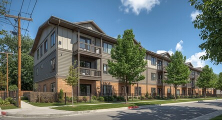 Obraz premium Sustainable apartment structure with healthy tree surroundings and clear sky