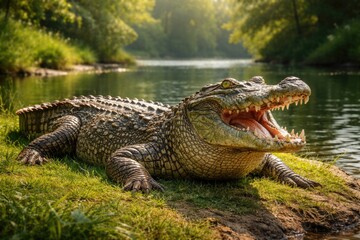 Obraz premium Happy pet crocodile lounging on grassy riverbank full length summer day
