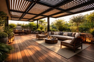 Fototapeta premium Modern outdoor terrace with stylish wooden flooring and decorative roof elements