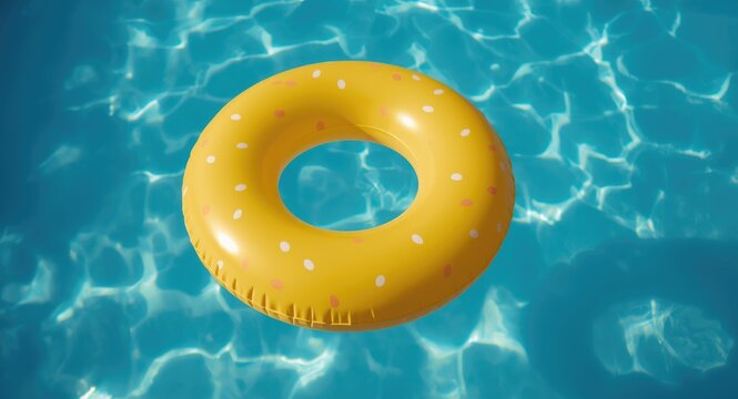 Yellow donut shaped swimming float drifting in pristine pool water