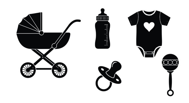 Baby essentials collection featuring stroller bottle pacifier onesie and rattle.