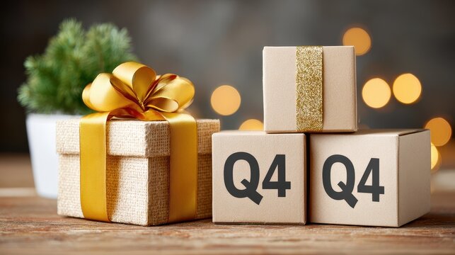 Gift box with golden ribbon and three cardboard boxes with Q4 text stacked on wooden table with blurred lights and plant in background