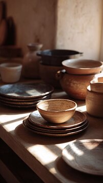 Close up of rustic handmade clay tableware including bowls and plates