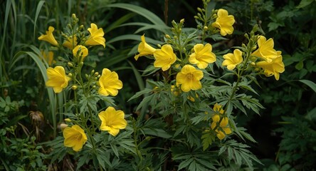 Naklejka premium Yellow trumpet flowers in full blossom framed by abundant green garden vegetation