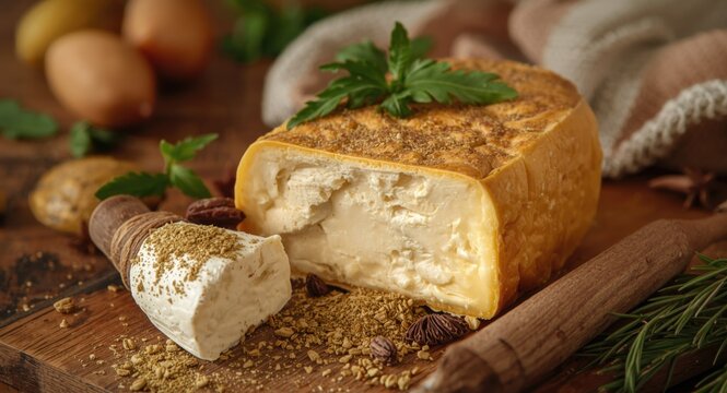 Traditional homemade cheese infused with cumin and spices for summer solstice festival