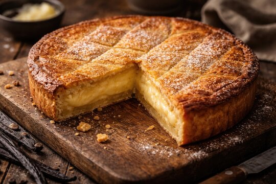 Close up view of traditional Basque cake with vanilla cream on rustic wooden board