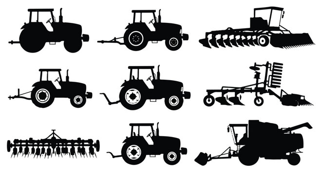 Collection of various agricultural machinery silhouettes for farming and cultivation.