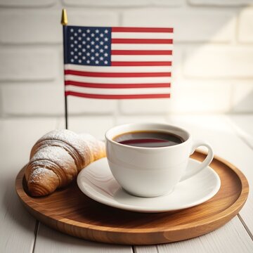 Memorial day remembrance american flag coffee and donut on wooden tray
