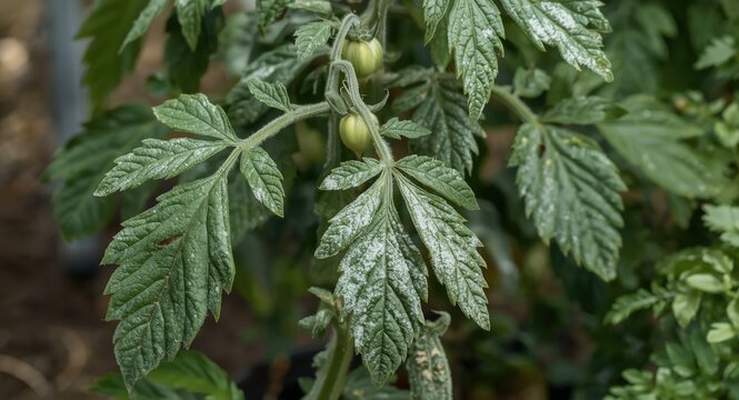 Symptoms of powdery mildew infection visible on tomato plant leaves outdoors
