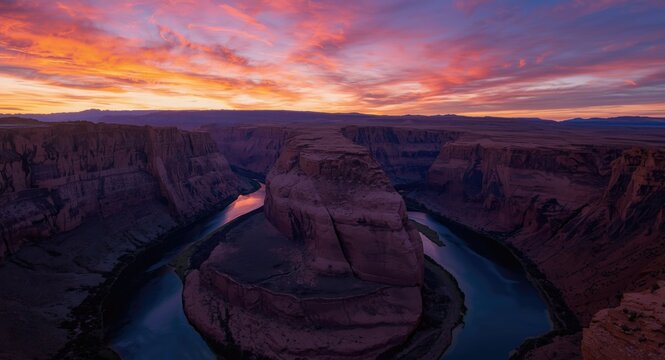 Vibrant evening sky over steep canyon and visible river path
