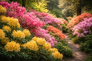 Obraz premium Colorful azalea and yellow rhododendron bushes in full bloom