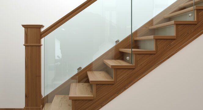 Solid newel post stairs with wooden treads and transparent glass railing held by steel frames