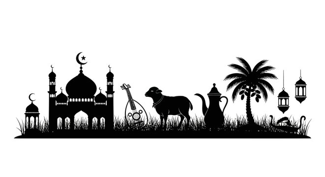 Elegant Black Silhouette Vector Depicting Islamic Culture, Eid Festival Celebrations, and Middle Eastern Heritage Symbols including Mosque, Sheep, and Lanterns