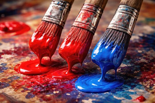 Three paintbrushes dipped in vibrant red and blue paint