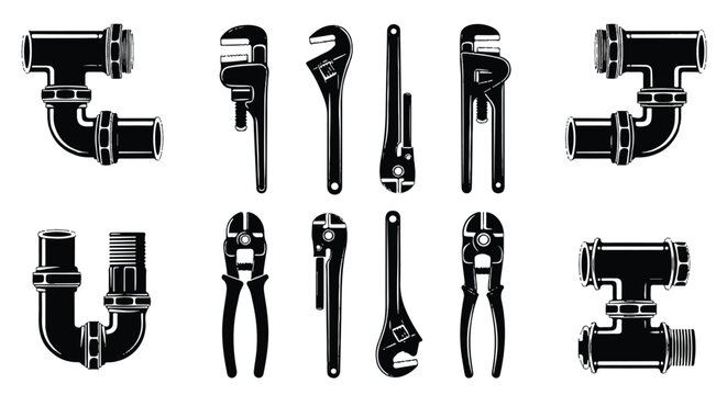Collection of various plumbing tools and pipe fittings in black and white.